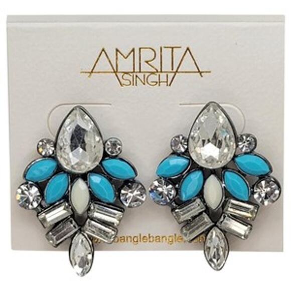 Amrita Crystal Round Baguette Pear Cyan & Ivory Color Stud Earrings - Picture 1 of 4